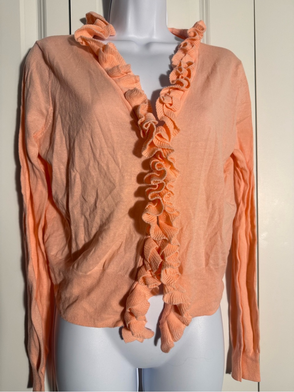 Moda International Peach Ruffle-Trim V-Neck Cardigan Sweater